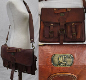 Cuero Handmade Leather Messenger Bag Unisex Brown Leather 11 Pockets #W5112